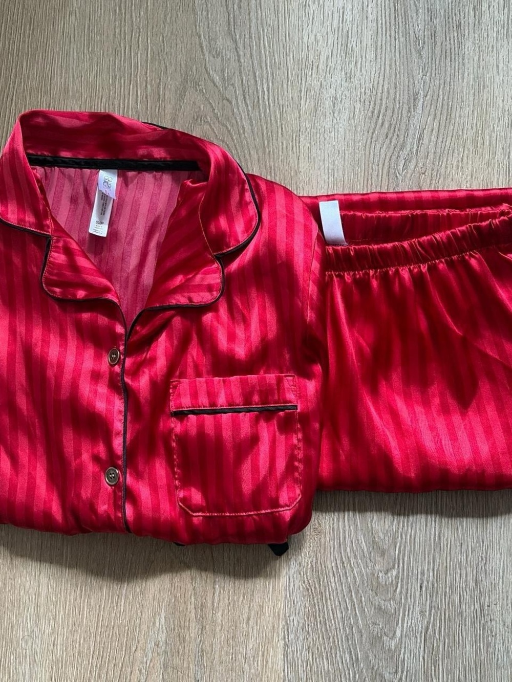 Women's Red Satin Pajama Set - Classic Button-Down Top & Elastic Waist Pants
